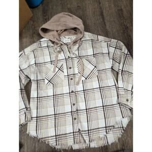 NEW IN Women's Ivory Brown Gold Plaid Shacket Hooded Hoodie Shirt Medium